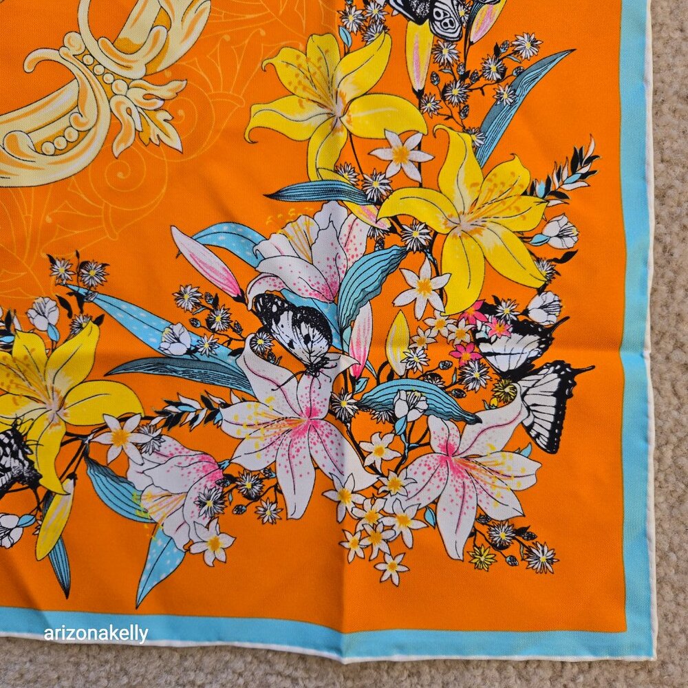 NWT Silk Scarf Hand Rolled Floral Violin Butterflies - Picture 4 of 8